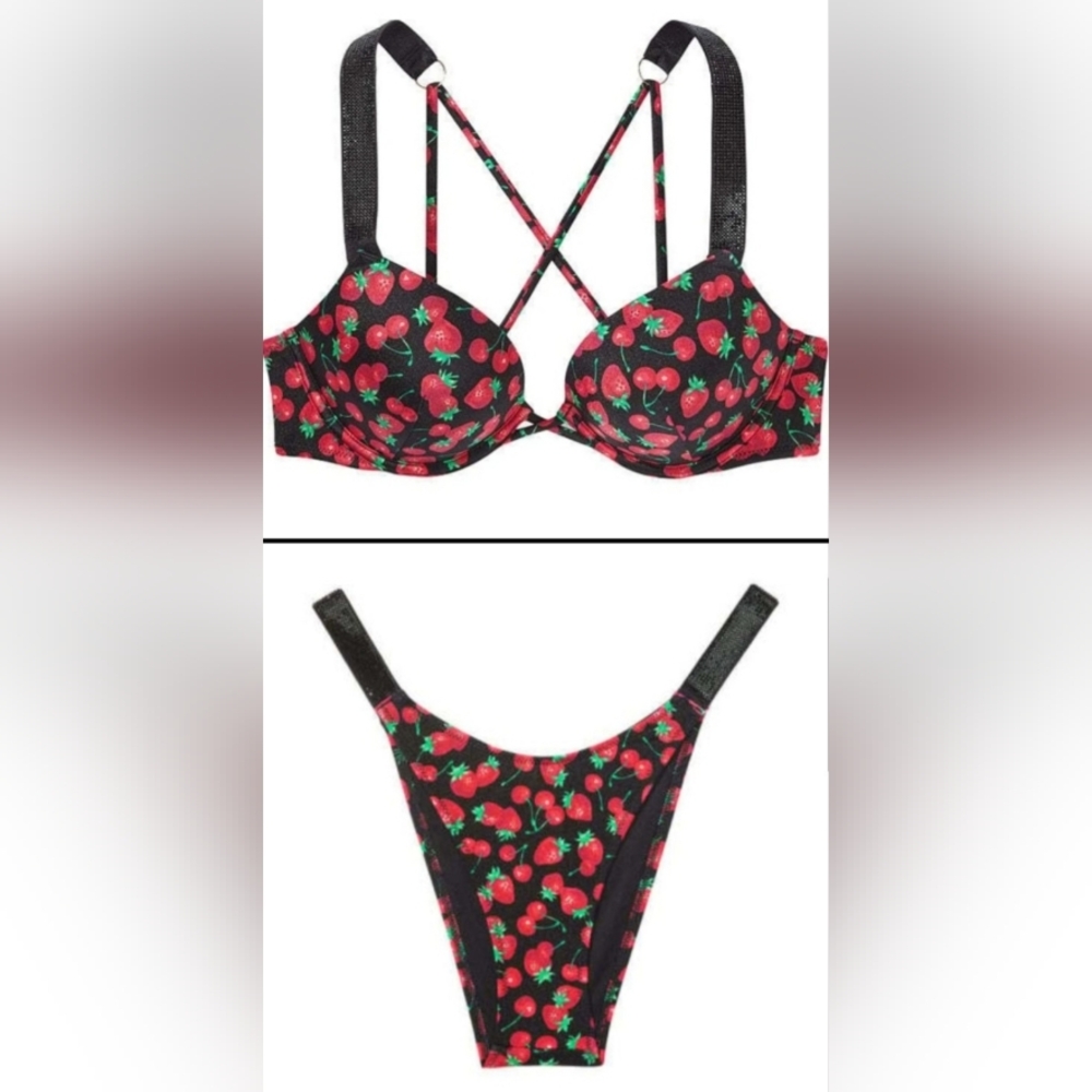 36C/M VS Swim Shine Strap Bombshell Bikini Top Brazilian Bikini Set Strawberry